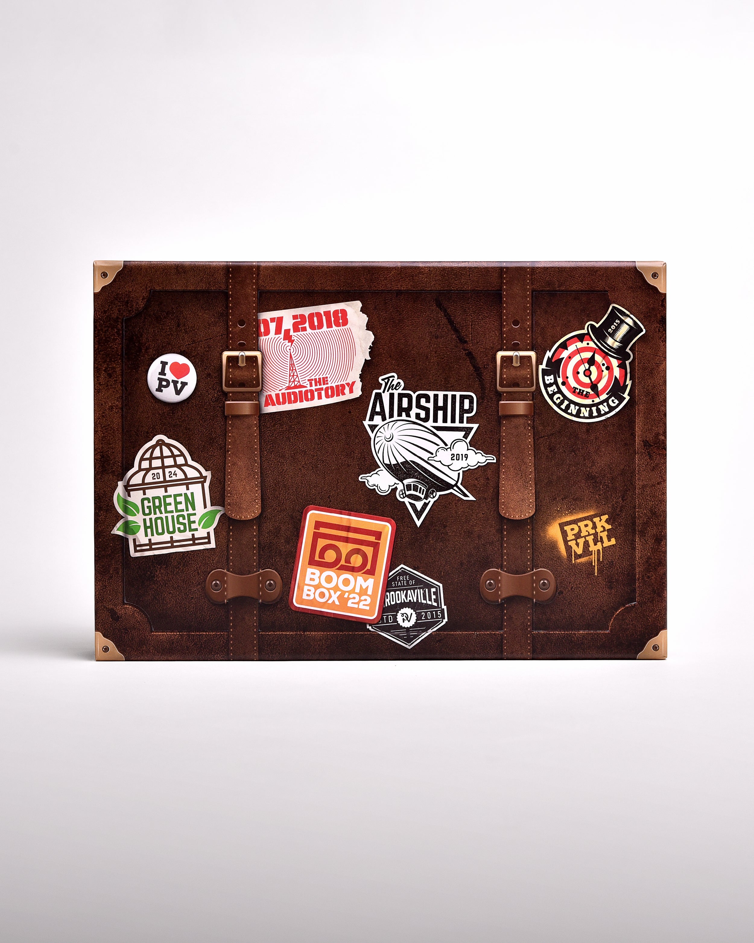 Zu sehen ist die Hülle des Buches im senkrecht-länglichen Format, frontal fotografiert. Sie ist im Stil eines braunen Koffers mit goldenen Ecken gedruckt. Auf dem "Koffer" sind Aufdrucke die aussehen, als habe man Sticker auf Ihn geklebt. Hier steht ein Sticker für eine Bühne der letzten 10 Jahre.