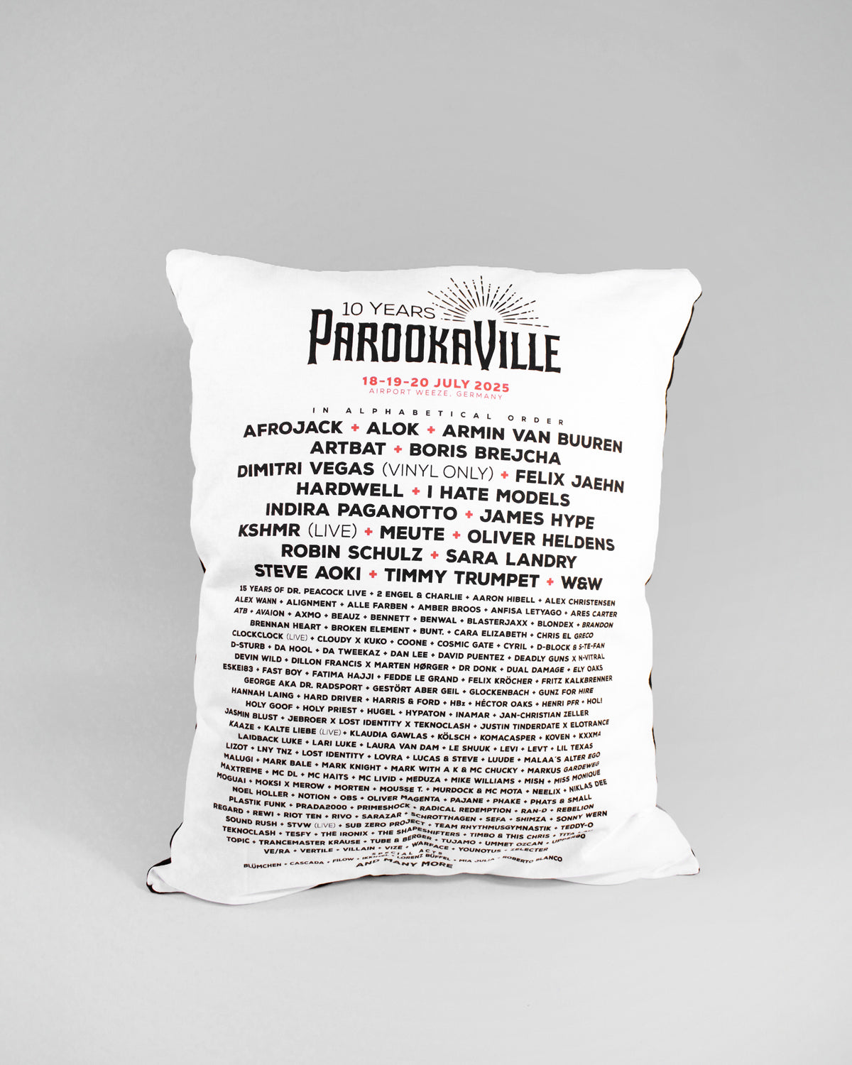 Eine Seite des Upcycling Kissens aus der Rückseite des Line-up T-Shirts 2025. Das verwendete Oberteil ist schwarz.