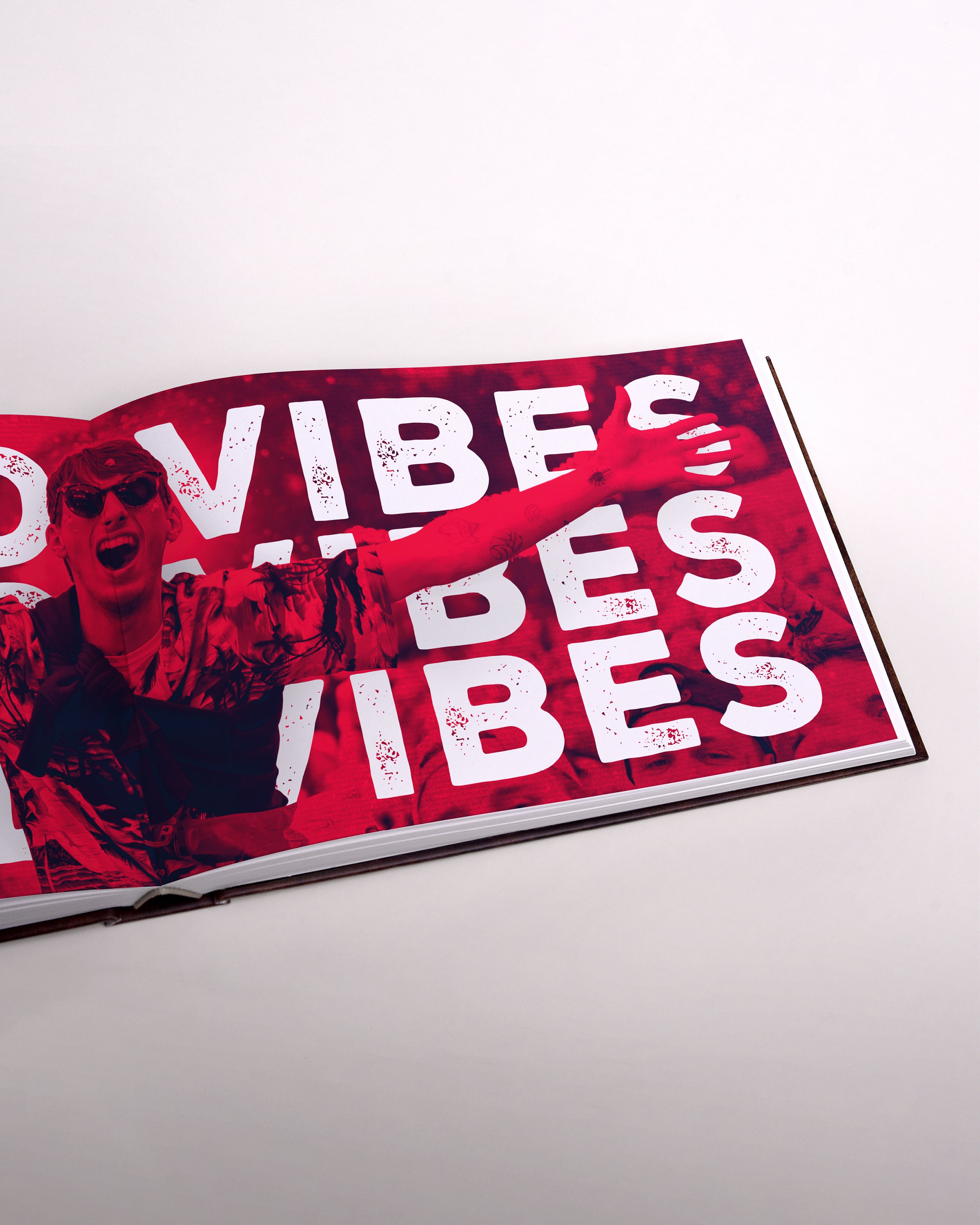 Zu sehen ist eine Seite des Buches im senkrecht-länglichen Format. Das Bild zeigt teilweise eine Doppelseite im roten Farbschema. Zu lesen ist drei mal untereinander das Wort "VIBES" in Großbuchstaben und weißer einfacher Schrift. Mittig macht ein Mann eine Pose mit ausgebreiteten Armen.