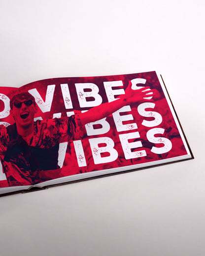 Zu sehen ist eine Seite des Buches im senkrecht-länglichen Format. Das Bild zeigt teilweise eine Doppelseite im roten Farbschema. Zu lesen ist drei mal untereinander das Wort "VIBES" in Großbuchstaben und weißer einfacher Schrift. Mittig macht ein Mann eine Pose mit ausgebreiteten Armen.