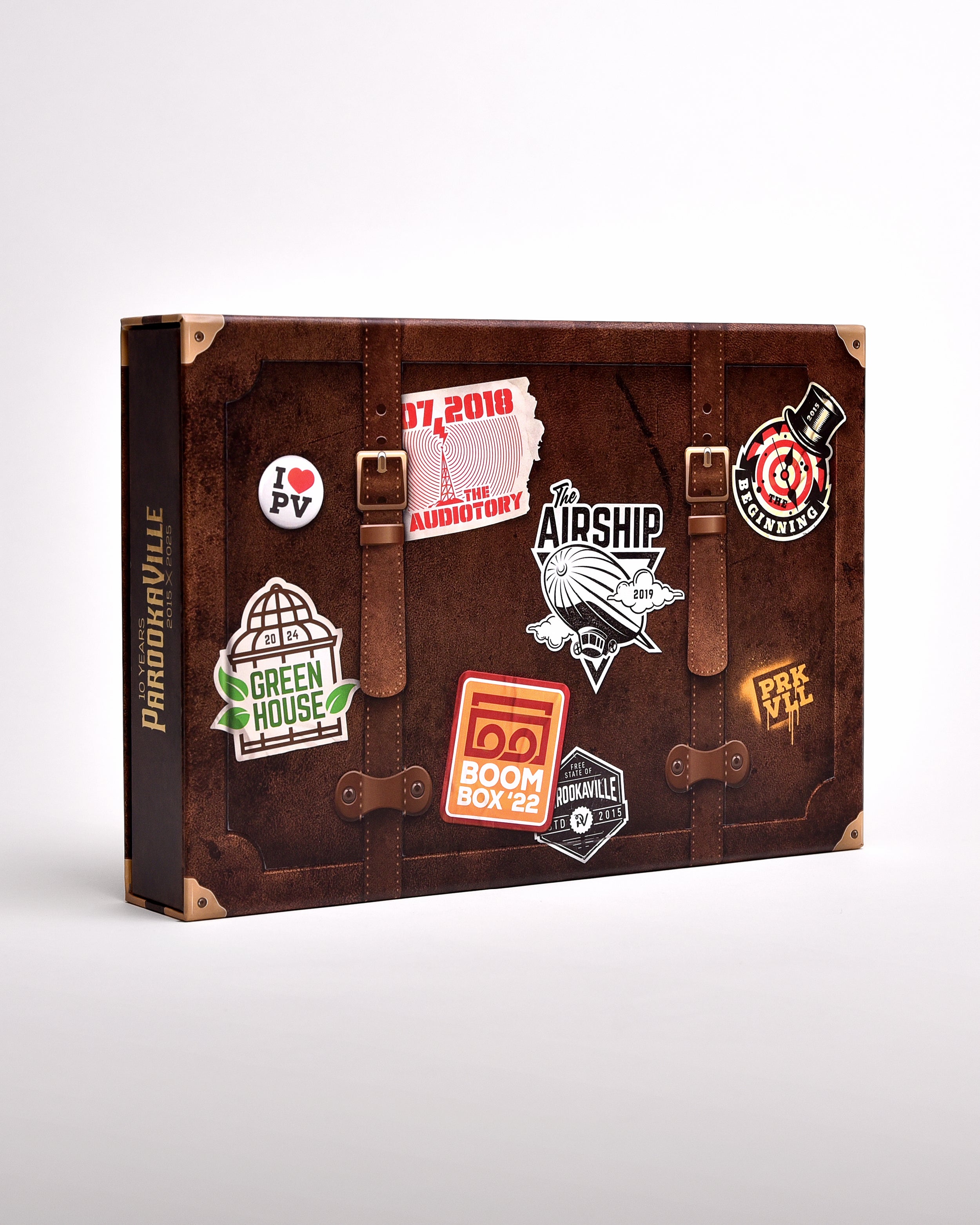 Zu sehen ist die Hülle des Buches im senkrecht-länglichen Format. Sie ist im Stil eines braunen Koffers mit goldenen Ecken gedruckt. Auf dem "Koffer" sind Aufdrucke die aussehen, als habe man Sticker auf Ihn geklebt. Hier steht ein Sticker für eine Bühne der letzten 10 Jahre.