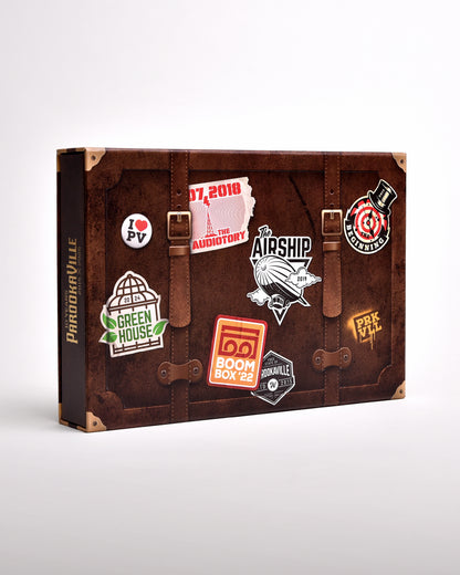 Zu sehen ist die Hülle des Buches im senkrecht-länglichen Format. Sie ist im Stil eines braunen Koffers mit goldenen Ecken gedruckt. Auf dem "Koffer" sind Aufdrucke die aussehen, als habe man Sticker auf Ihn geklebt. Hier steht ein Sticker für eine Bühne der letzten 10 Jahre.